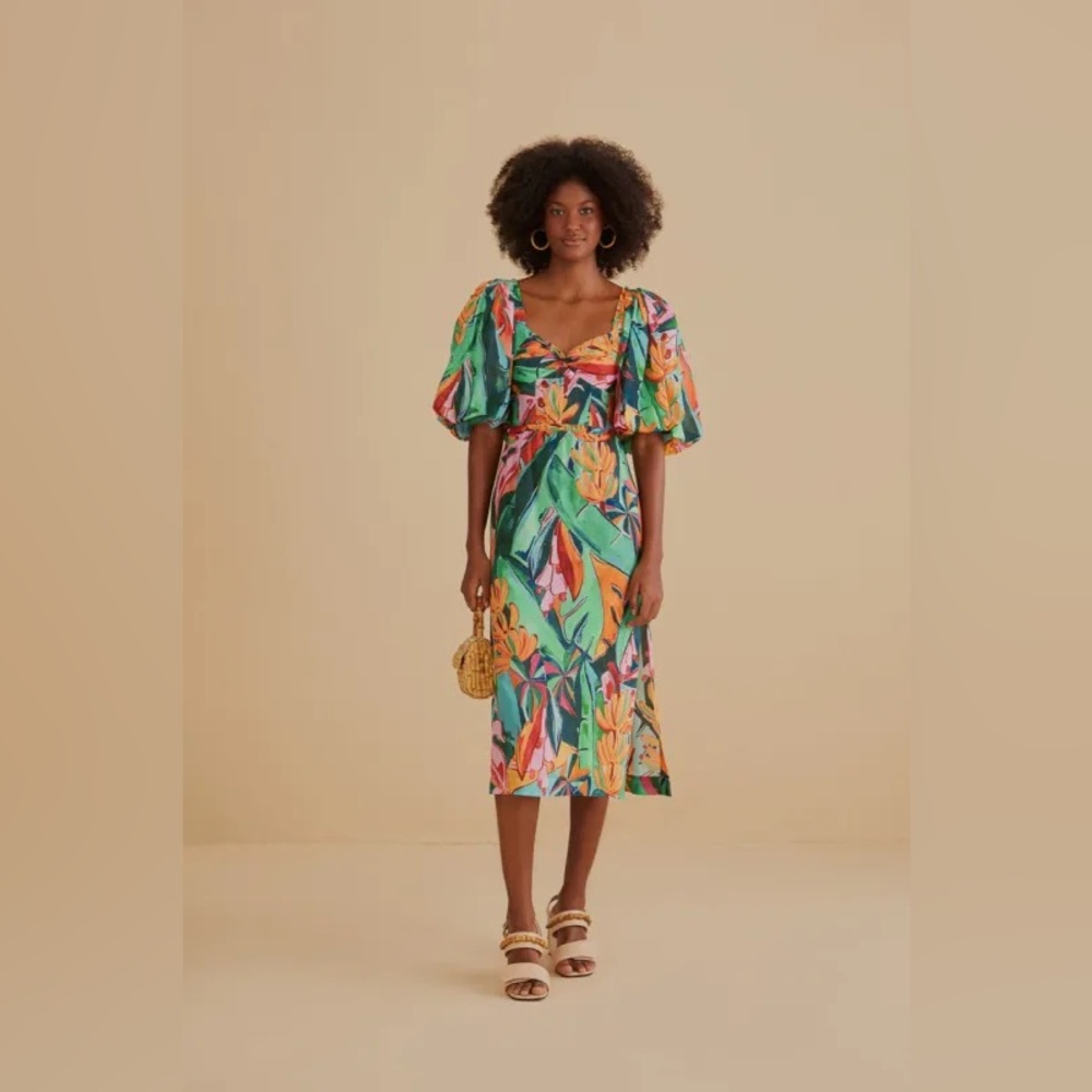 FARM Rio Tropical Floral Midi Dress in Green, Orange & Pink